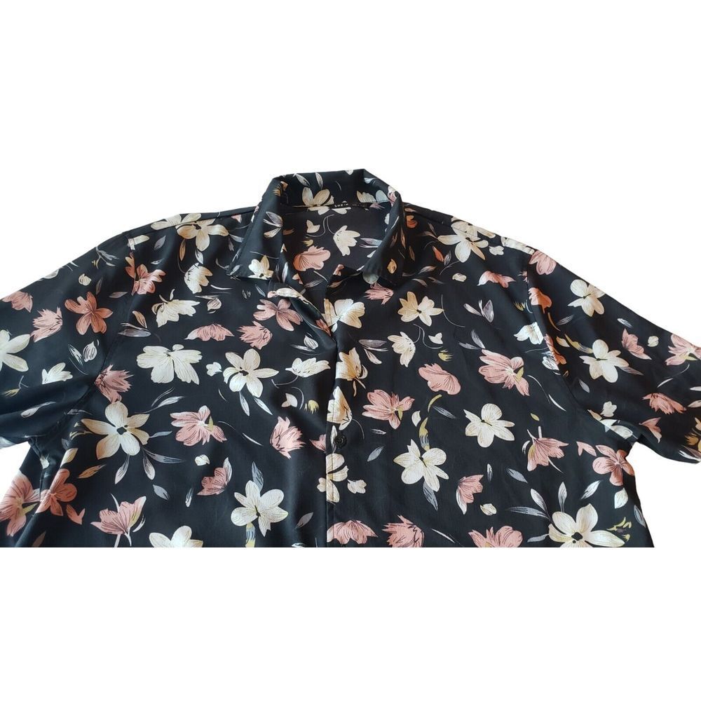 Shein Black Floral Button Up Short Sleeve Blouse Size XXL Black Pink Cream